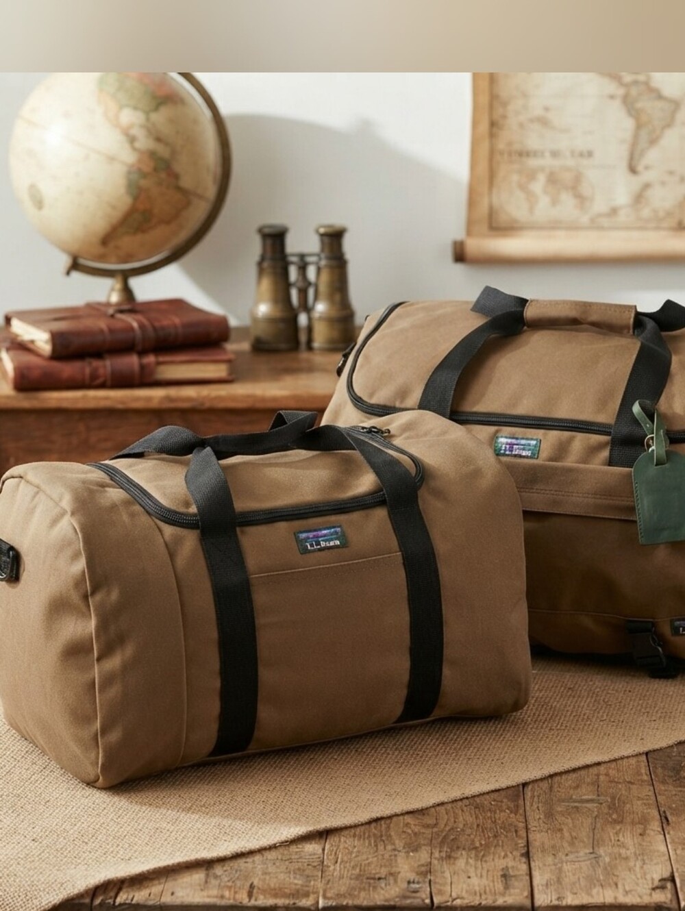 Vintage L.L. Bean Brown Canvas Duffle Bags Weekender Travel Gear Retro Blue Logo